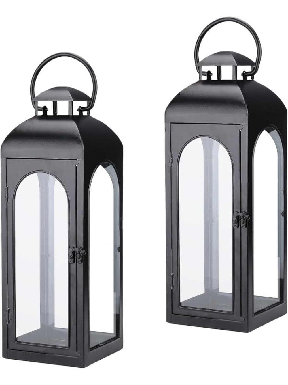 Set of 2 Black Metal Candle Lanterns - 16 Inch Outdoor/Indoor Decorative Lights